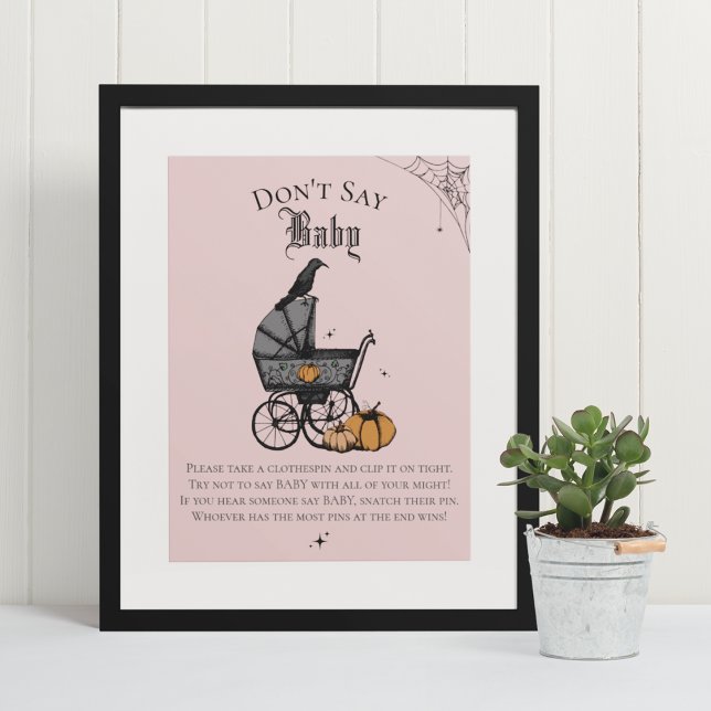 Póster Gótico Halloween No digas juego de ducha rosa bebé (Elegant & Whimsical Gothic Baby Shower Game Poster. Frame Not Included. Hand-Drawn Illustrations.)