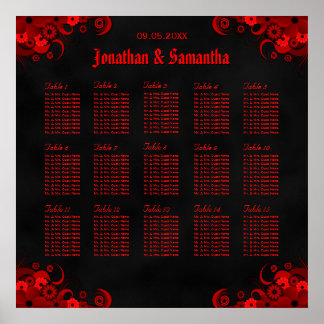 Póster Gótico Rojo Floral 15 Tablas Bodas Tabla de asient