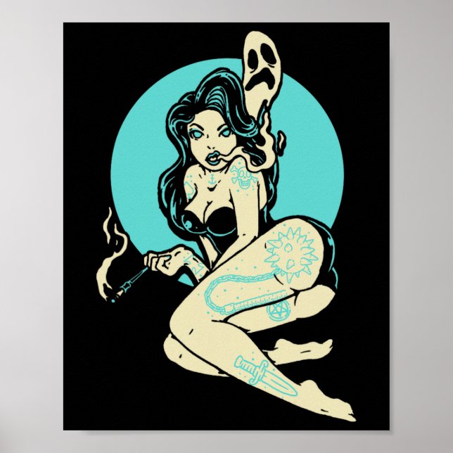 Póster Gótico tatuado Pin-up Chica Horror Fantasma Luna R (Frente)