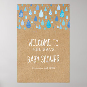 Póster Gotitas de lluvia azules Boho Baby Shower / Bienve