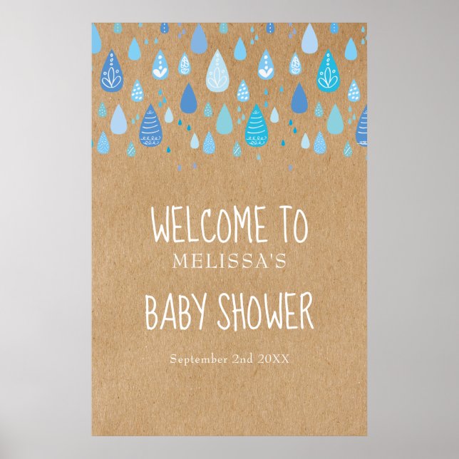 Póster Gotitas de lluvia azules Boho Baby Shower / Bienve (Frente)