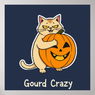 Póster Gourd Crazy Obssed Cat Abrazando Jack-o'-Lantern