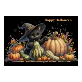 Póster Gourds de Halloween Black Witch's Kitten W/ Pumpki