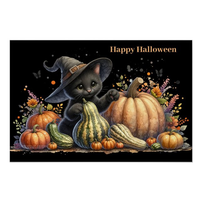 Póster Gourds de Halloween Black Witch's Kitten W/ Pumpki (Anverso)