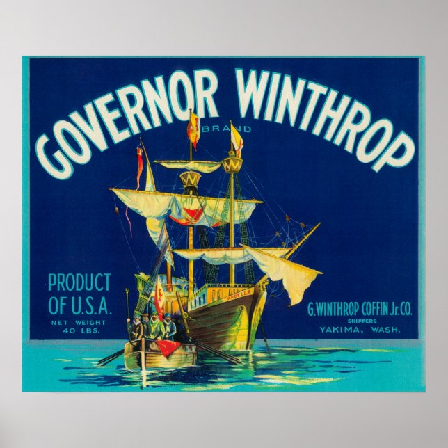 Póster Governor Winthrop Apple Label (blue) - Yakima, W (Frente)