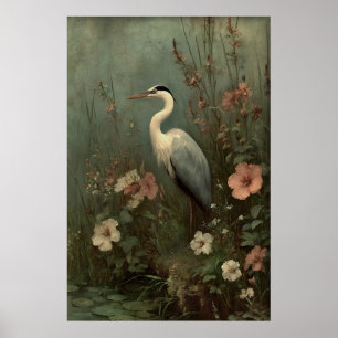 Póster Grabado Antiguo de Garza junto al Lago, Botánica M
