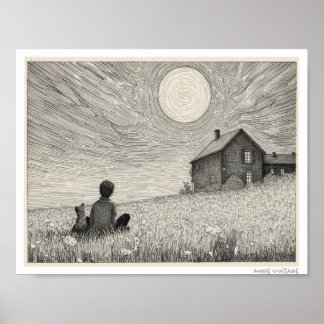 PÓSTER GRABADO DE NIÑO Y SU PERRO EN UN CAMPO