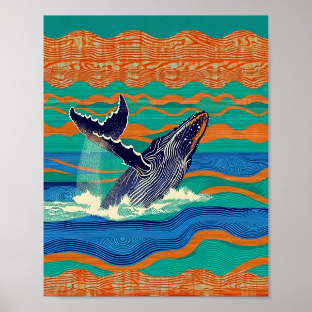 Póster Grabado en madera de ballena jorobada (Frente)