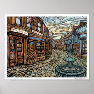 PÓSTER GRABADO EN MADERA DE UNA CALLE EUROPEA