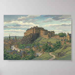 Póster Grabado en madera japonés del Castillo de Edimburg