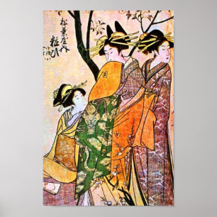 Póster Grabado japonés del geisha tres