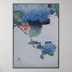 Póster Grabar en madera japonés del Hydrangea azul con el