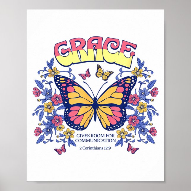 Póster Grace Butterfly Christian Bible Verse Floral Faith (Frente)