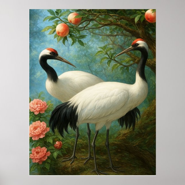 Póster Graceful Cranes in a Peach Blossom Garden (Frente)