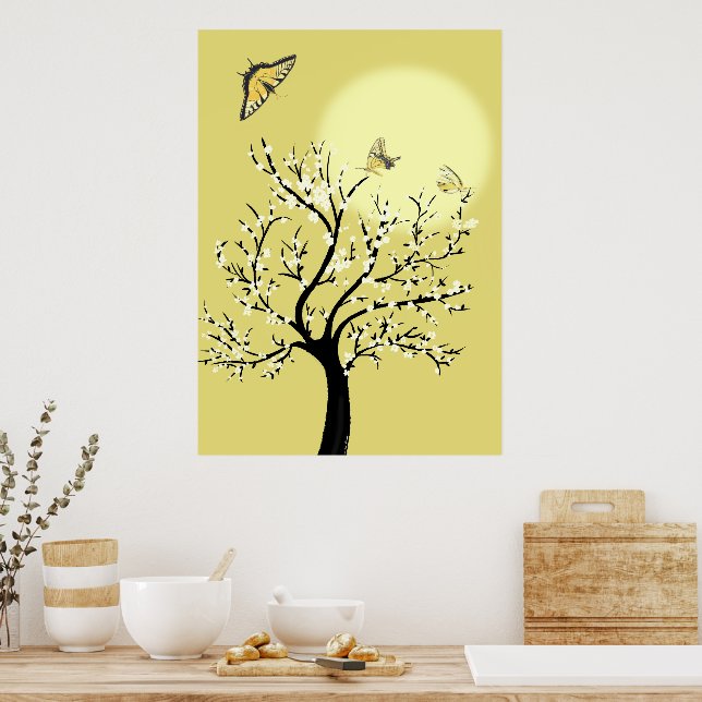 Póster Graceful dreamy sunlit tree with butterflies  (Cocina)