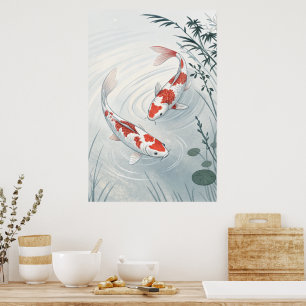Póster "Graceful Koi: Ilustracion del Jardín Acuático Ser