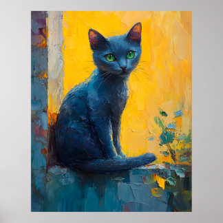Póster Graceful Russian Blue Cat – Sunset Balcony Moment