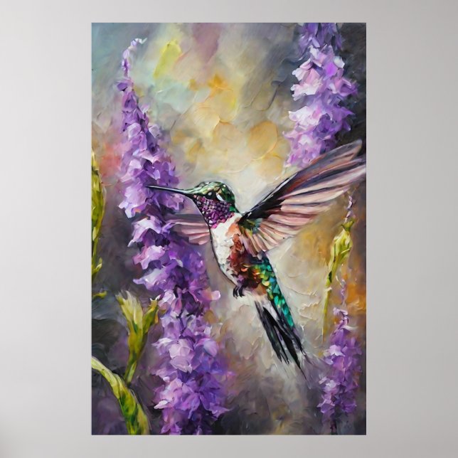 Póster Graceour Watercolor Hummingbird Purple Garden Art (Frente)