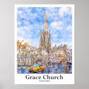 Póster Gracia Church New York Travel Watercolor Hand Drak