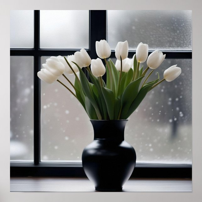 Póster "Gracia del invierno: Tulipanes blancos en una bol (Frente)