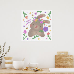 Póster Gracias: Conejo con Flores