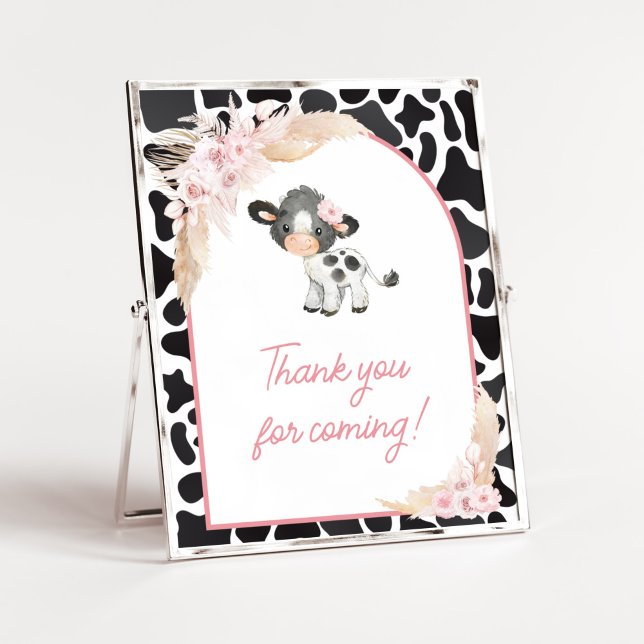 Póster Gracias por venir a la vaca rosa de la región mont (Girl Floral Highland Cow Baby Shower Thank You for Coming Sign)