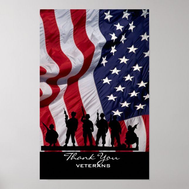Póster Gracias veteranos - Bandera estadounidense y solda (Frente)