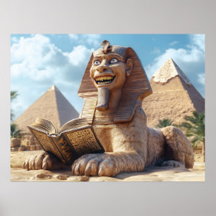 Póster Graciosa estatua de Esfinge leyendo libro antiguo