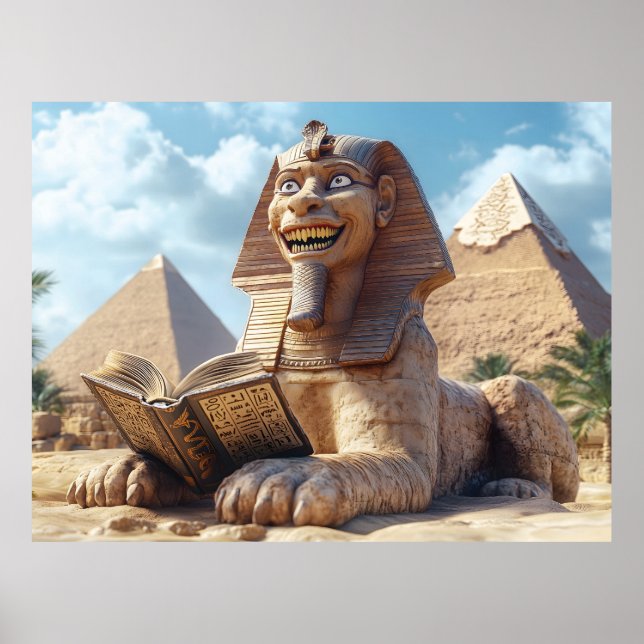 Póster Graciosa estatua de Esfinge leyendo libro antiguo  (Frente)