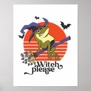 Póster Graciosa rana de bruja montando Broomstick Hallowe