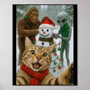 Póster Graciosa Selfie De Gato Navidad Con Alienígenas Y