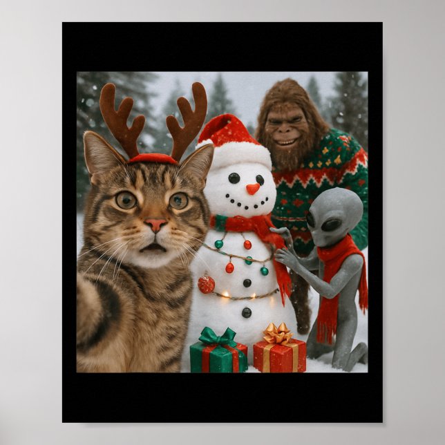 Póster Graciosa Selfie De Gato Navidad Con Alienígenas Y  (Frente)