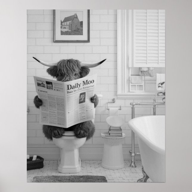 Póster Graciosa vaca Highland sentada en el baño de aseo (Frente)