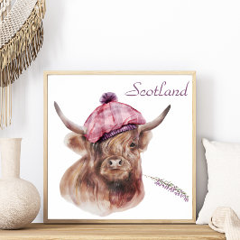 Póster Graciosa vaca Highland Tartán Cap Scotland Animal