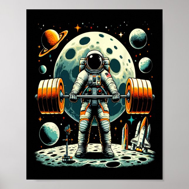 Póster Gracioso Astronauta Spaceman Halterofilia Gimnasio (Frente)
