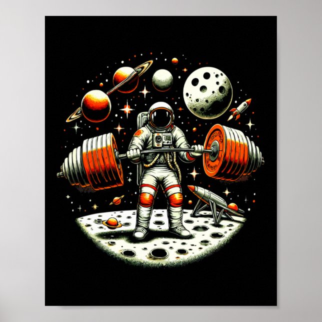 Póster Gracioso Astronauta Spaceman Halterofilia Gimnasio (Frente)