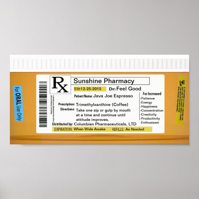 Póster Gracioso café con receta médica RX (Frente)