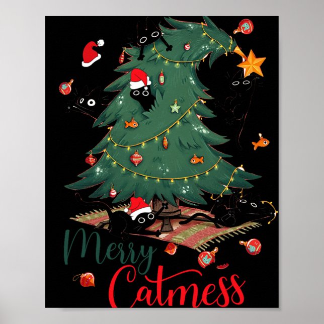 Póster Gracioso Cat Árbol de Navidad Merry Catamaranes Ca (Frente)
