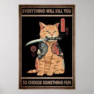 Póster Gracioso Cat Samurai Todo Te Matará