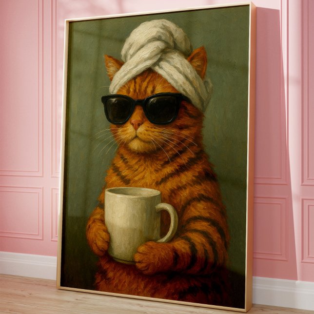 Póster Gracioso Cat Spa Wall Art, regalo para los amantes (Cat Coffee Art)