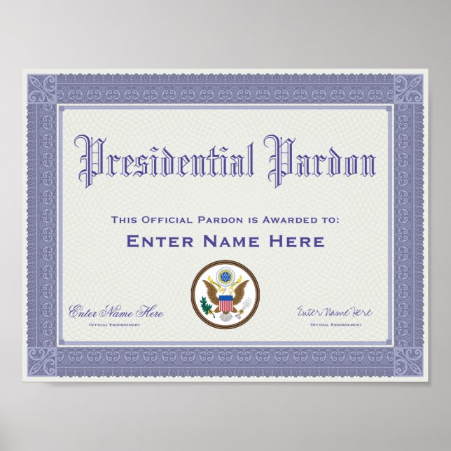Póster Gracioso certificado de indulto presidencial (Frente)