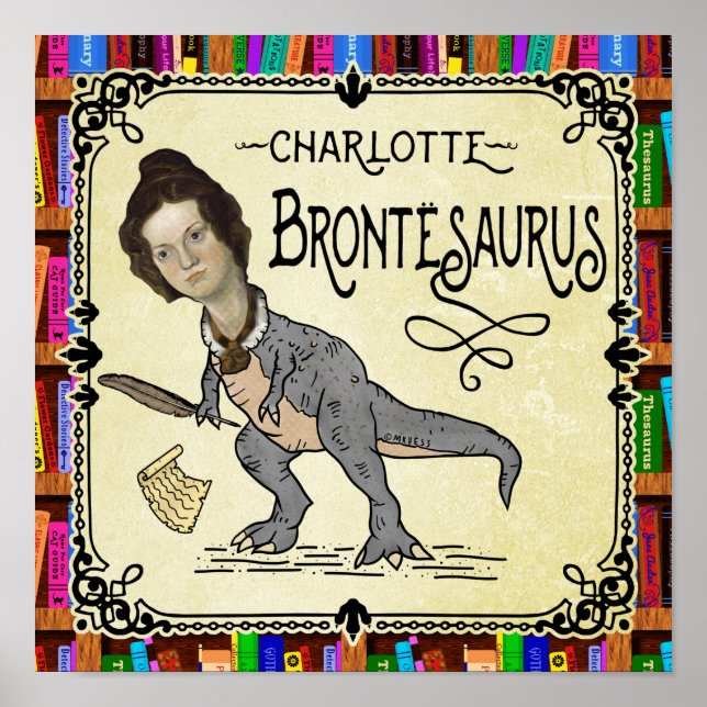 Póster Gracioso Charlotte Bronte Saurus Lector de Libros  (Frente)