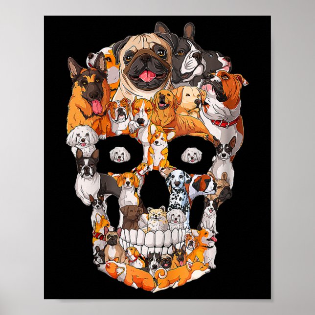 Póster Gracioso cráneo de perro perros Paw Lover Hallowee (Frente)