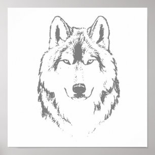 Póster Gracioso Esbozo De Cabeza De Lobo Blanco Y Negro