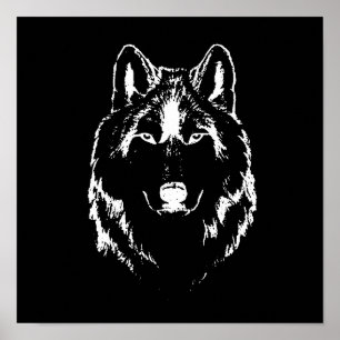 Póster Gracioso Esbozo De Cabeza De Lobo Blanco Y Negro