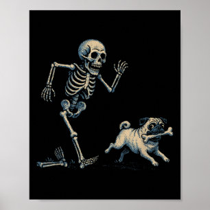 Póster Gracioso esqueleto persiguiendo a pug halloween pe