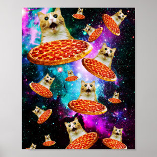 Póster Gracioso gatito de pizza espacial