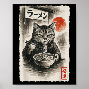 Póster Gracioso gato comiendo fideos de Ramen Sumi-e japo
