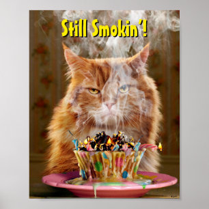 Póster Gracioso Gato Cranky Con Pastel De Cumpleaños Fun