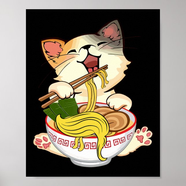 Póster Gracioso gato de Kamala Anime comiendo fideos de R (Frente)
